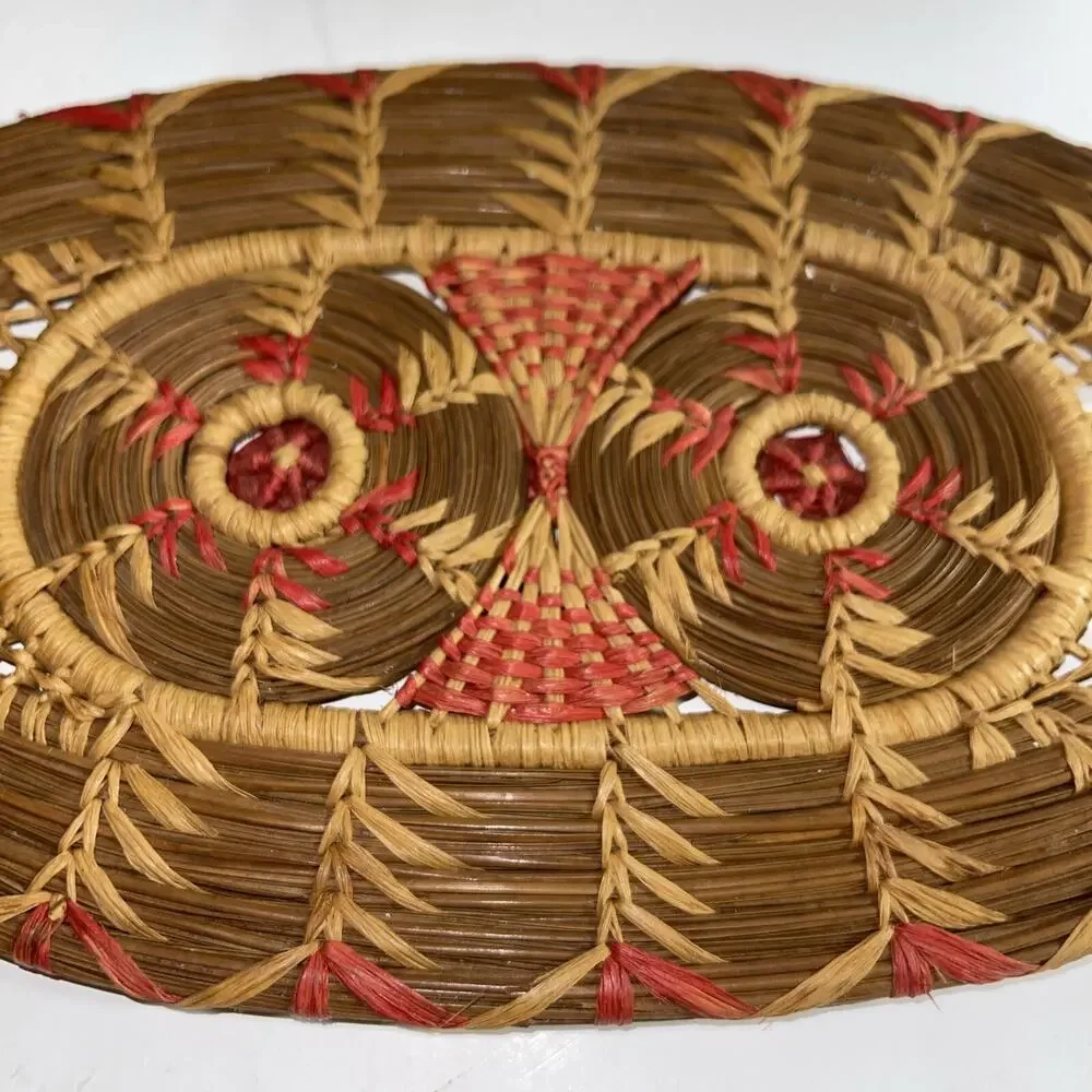 Handmade Native American Pine Needle Basket & Trivet Set‎ - Pink Stitch